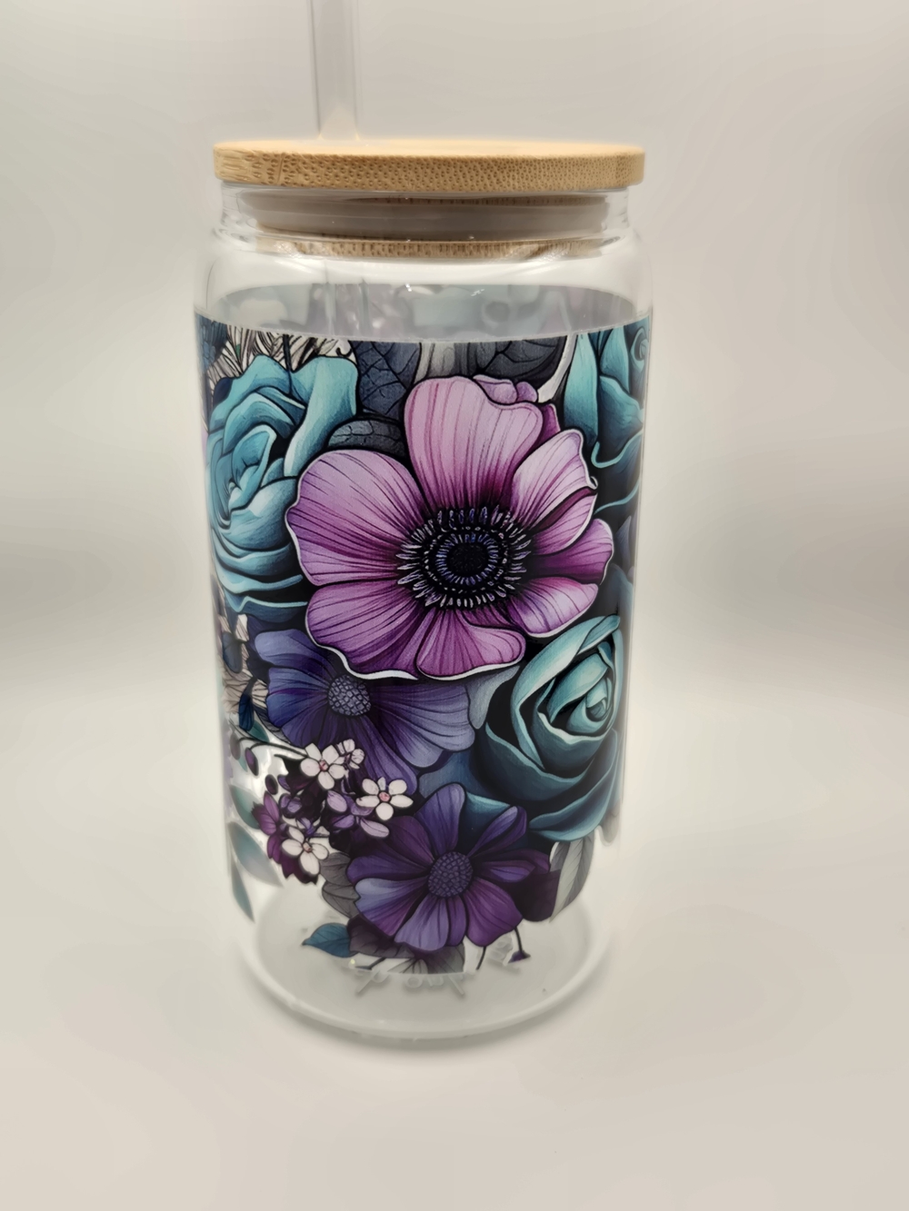 Floral Glass Storage Jar with Bamboo Lid - Purple & Teal 16oz